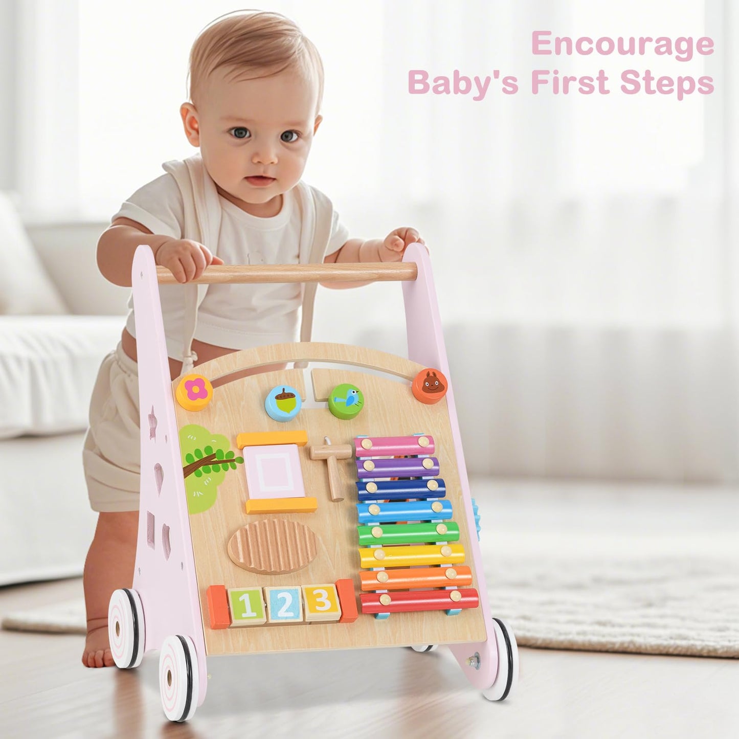INFANS Wooden Baby Walker, Montessori Walker with Multiple Activity Toys, Storage, Push Walker Toys for Infant Learning to Walk, Sit to Stand Walker for Boys Girls