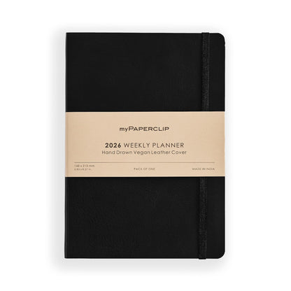 myPAPERCLIP 2026 Weekly Planner | Italian Vegan Leather Cover, 192 Pages, 80 GSM, A5 (5.83 x 8.27 in) | Flat Lay | Yearly Calendar, Monthly Overview & Weekly Planner Layout | Black