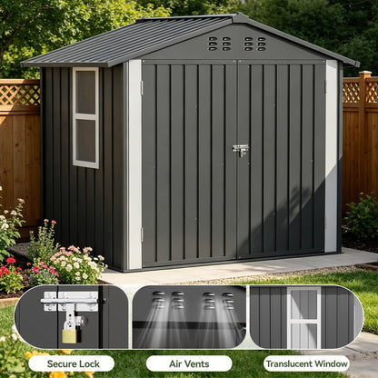 COMHOMA Outdoor Storage Shed with Window,Metal Lockable Garden Toolhouse, Ventilated Weather-Resistant Backyard Utility Workshop for Storage(Light Grey,6x4ft)