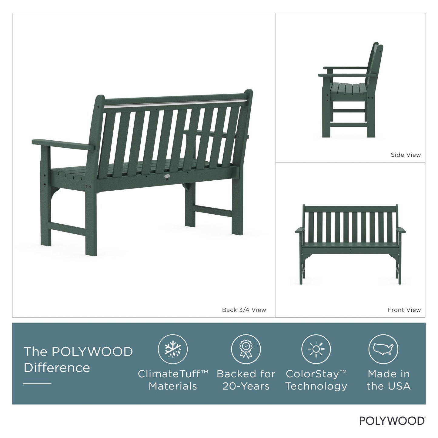 POLYWOOD Vineyard 48" Outdoor Patio Bench, Green