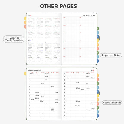 LOAPEM Daily Planner Undated, Appointment Book for Hourly, Daily and Monthly, 365 Days, One Page a Day, Medium Size (5.7" x 8.3"), Leather Hardcover, 12 Self-adhesive Monthly Tabs (Light Green)