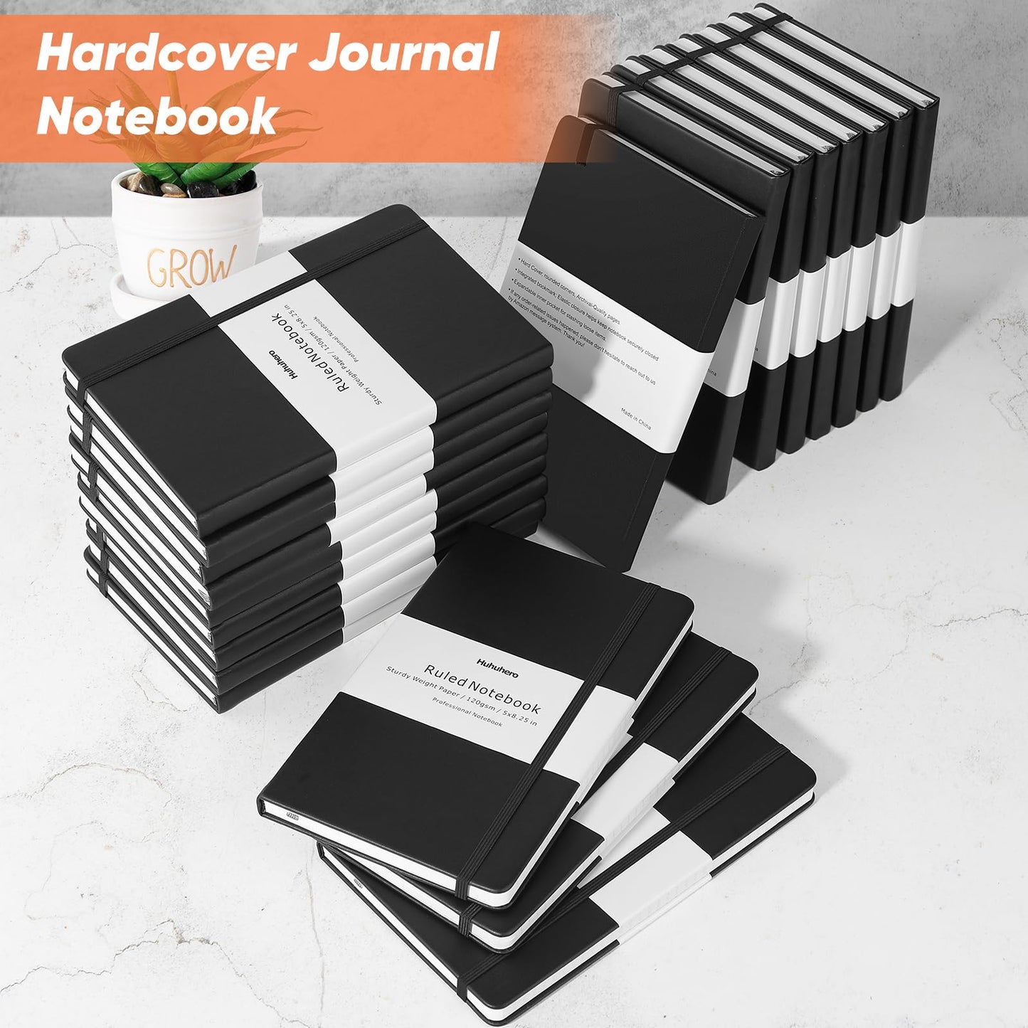 Huhuhero Lined Journal Notebook, 5 Pack Black Hardcover Notebooks for Work Women Men, 120Gsm Thick Paper Leather Journals for Writing Note Taking Business, Journaling School Supplies 5"×8.25"