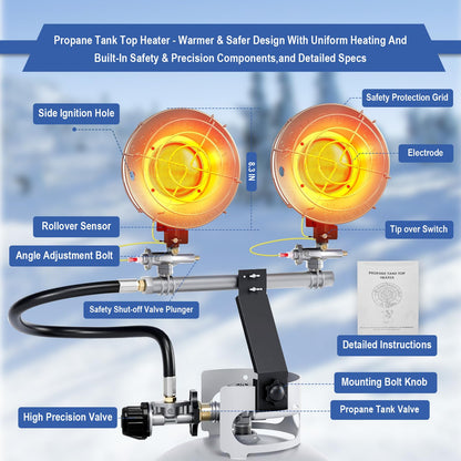 30000 BTU Propane Heater Outdoor, Propane Tank Heater Attachment Double Tank Top Radiant Gas Heater With Tip-Over Protection, 3 Heat Settings, Safety Shut-Off Valve for Patio,Camp,Fish,Garage.
