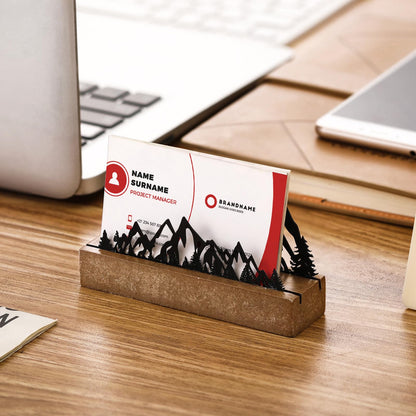 CroBlissful 2 Pcs Mountain Business Card Holders for Desk, Wood&Metal Black Mountain Range Forest Silhouette Business Card Display Stand for Home Office