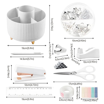 11 Pcs White Desk Accessories, 360 Degree Rotating Pen Holder Set with Stapler Set, Tape Dispenser Set, Scissor, Paper Clips Kit, Pen, Ruler & Sticky Tabs for Office School Home (White)