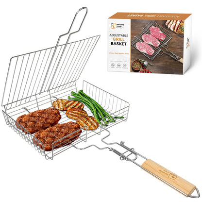 DOUBLE TWO - Stainless Steel Grill Basket, Grilling Baskets for Outdoor Grill, for Meat, Fish, Vegetable, BBQ Accessory, With Height Adjustable Cover & Detachable Handle, Easy to use, 1Pcs