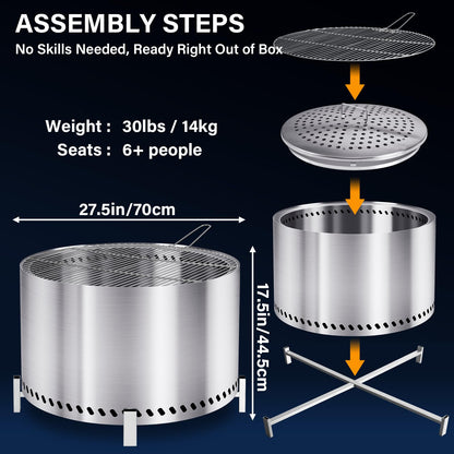 HGD 27.5" Smokeless Firepit with Stand & Grill Rack, Large Stainless Steel Wood Burning Fire Pit for Friends & Family Gatherings, Secondary Combustion Outdoor Patio Stove for Garden BBQ & Bonfire