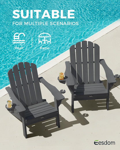 Eesdom Folding Adirondack Chair, HDPE Adirondack Chair with 2 Cup-Holders, Outdoor Chairs for Poolside, Garden, Patio, Grey