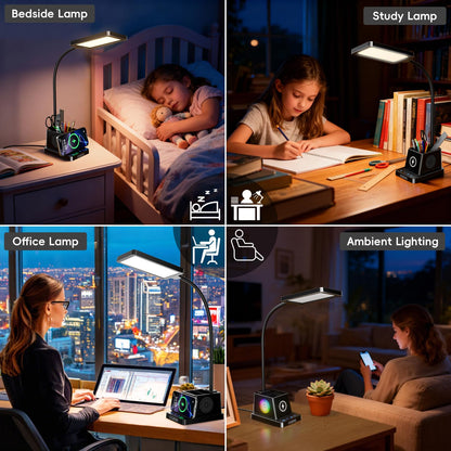 cozoo LED Desk Lamp for Home Office, 15W Bright Desk Light with Wireless Charger Pen Holder, Gooseneck Small Table Lamp for Bedroom, Study, Reading, Work, Task, Craft, College Dorm Room Accessories