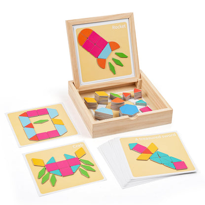 ODRIEW 130 Pcs Wooden Magnetic Pattern Blocks Set, Montessori Tangram Puzzle with Pattern Cards & Storage Box, STEM Educational Toy for Toddlers & Kids Ages 4–8, Creative Gift for Boys & Girls