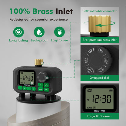 RESTMO Sprinkler Timer for Outdoor Hose Faucet 4 Zone, Up to 11h59m Programmable Watering Timer for Soaker Hose, Misting with Brass Inlet & Large Dial, Rain Delay/Manual/Automatic Irrigation System