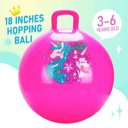 U&C Planet Hopper Ball,18 inches Bouncy Ball with Handle for Kids Age 3-6, Sit on Bounce Jumping Hopping Toy with Pump, Great Toddler Girls Toys for Birthday Gifts, Pink Unicorn