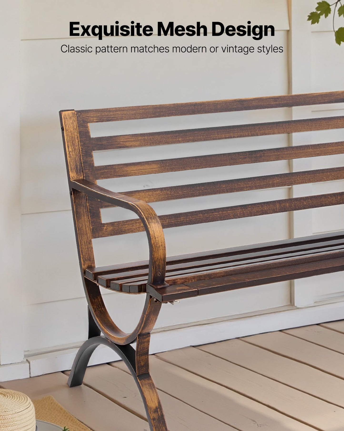 VEVOR Outdoor Bench, 50 inch, Carbon Steel Metal Frame with Slatted Pattern Backrest and Round Edge Armrests, Weatherproof Outside Bench for Patio, Garden, Park, Yard, Front Porch, Antique Bronze