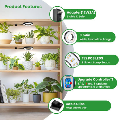 Wiaxulay Grow Lights for Indoor Plants, 192 LED Full Spectrum Plant Lights for Indoor Growing, 12V/2A Under Cabinet Grow Lamp with Auto Timer 6/12/16 Hrs, 3 Lighting Mode, 5 Brightness, Four Head