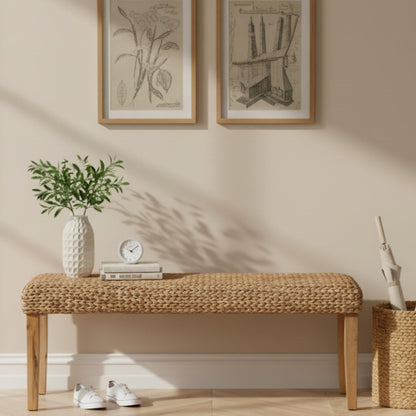 Solid Wood Acacia Indoor Bench with Natural Woven Seat, 47 Inch Wood Bench for Living Room or Entryway Benc, Bedroom End of Bed Bench or Dining Benches, Window Bench (Fishbone, Water Hyacinth)
