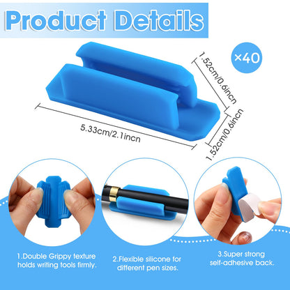 VZZNN Adhesive Pen Holders for Desk Set of 40 - Reusable Silicone Pencil Grips with Strong Sticky Pads, Flexible Pen Holder for Wall, Clipboard, Notebook, Office Essentials & Teacher Supplies (Blue)