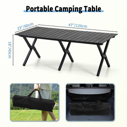 4Ft Aluminum Folding Camping Table, Portable Picnic Table, Outdoor Lightweight Collapsible Camp Table, Roll-up Camping Table for Beach,Party, Patio, BBQ, Travel, Backyard (Black Upgraded Version)