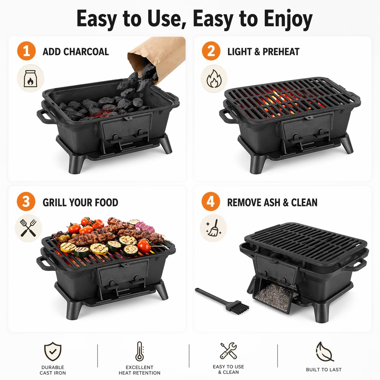 Hibachi Grill Outdoor, Portable Mini Charcoal Grill, Pre-Seasoned Cast Iron, Small Japanese Yakitori Tabletop Skillet Grill Stove for Outdoor Camping