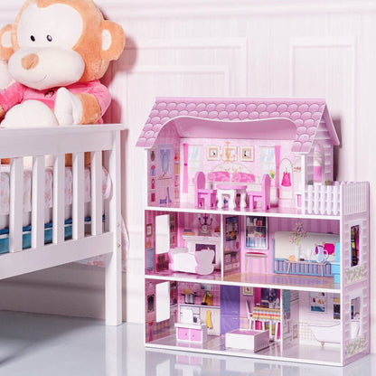 Honey Joy 3-Level Wooden Dollhouse with 8 Pcs Furniture, Pretend Play Kids Doll's House, Princess Mini Toy Playset, Gift for Little Girls (Pink, 2.5FT)