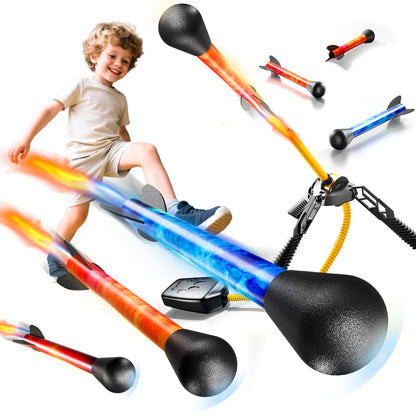 JUKUDAHU Rockets for Kids Age 4-8 with 4 LED Rockets and Launcher - Outdoor Toys for 4 5 6 7 8-12 Year Old Boy Birthday Gift, Air Powered Flying Toy Shooting Up to 100 Feet, Toys for Kids Ages 8-12