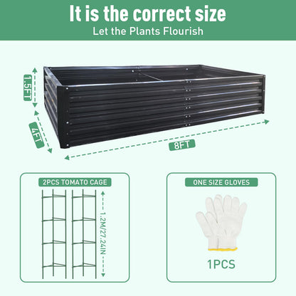 PICNICNI Metal Raised Garden Bed 8x4x1.5Ft Tall Outdoor Large Metal Galvanized Planter Boxes Kit for Vegetables, Flowers and Herbs,Garden Beds with 2Pcs Tomato Cage 1Pc Gloves,Black