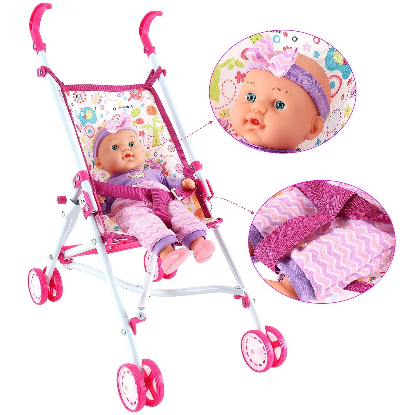 deAO Kids Baby Doll Stroller Nursery Role Play Set with a Variety of Feeding Toy and Play Mat Travel Cot Baby Carrier Stroller and Travel Bag