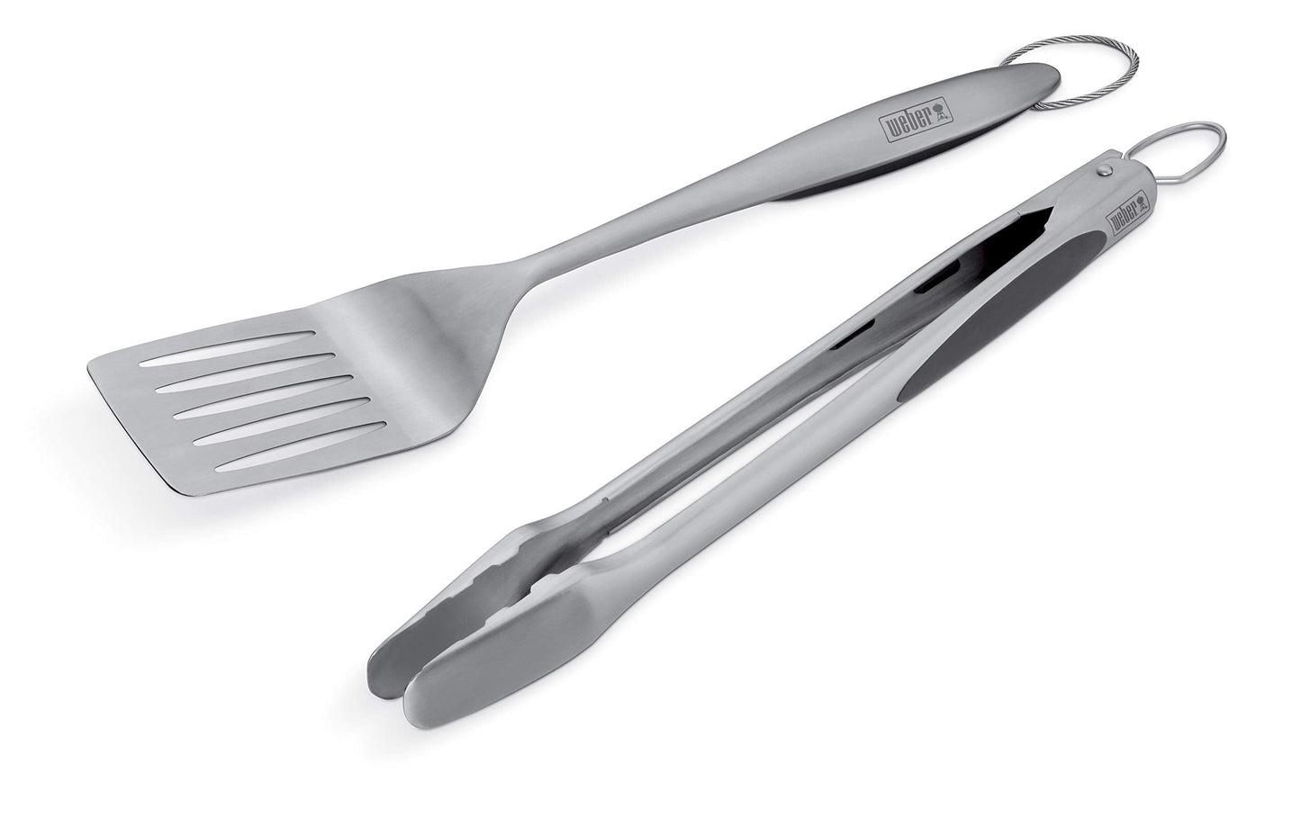 Weber Stainless Steel Style 2‑Piece Barbecue Tool Set – Spatula & Hands‑Free Locking Tongs with Textured Easy‑Grip Handles, BBQ Grilling