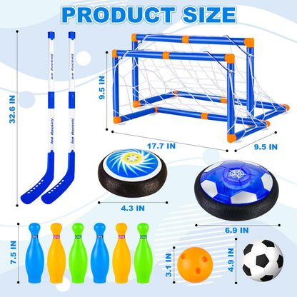NEUBSAW 4-in-1 Hover Soccer Ball Hockey & Bowling Set, LED Air Floating Sports Toy for Indoor Outdoor Play for Kids Ages 3-12, Birthday for Boys Girls Toddlers