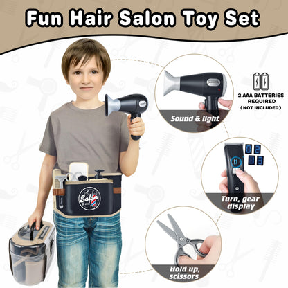 Kids Barber Shop Toy Set with Tool Belt, Realistic Haircut Kit for Boys 3+ with Light & Sound Dryer, Pretend Play Shaving Kit with Storage Box, Professional Stylist Role Play Gift, 10+ Pcs