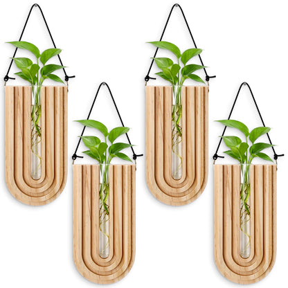 BrightRow Set of 4 Wooden Wall Planter Vase Hanging Propagation Stations Glass Plant and Flower Vases Wall Plant Holder for Indoor Plants Art Boho Home Room Entryway Hallway Decoration