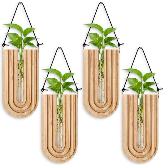 BrightRow Set of 4 Wooden Wall Planter Vase Hanging Propagation Stations Glass Plant and Flower Vases Wall Plant Holder for Indoor Plants Art Boho Home Room Entryway Hallway Decoration