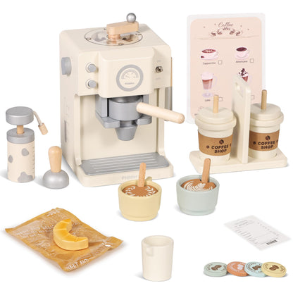 Pithfor Kids Wooden Coffee Playset with Grinder, Toy Coffee Maker for Kids Toddlers, Pretend Play Kitchen Appliances & Accessories Toy Gift for Boys Girls