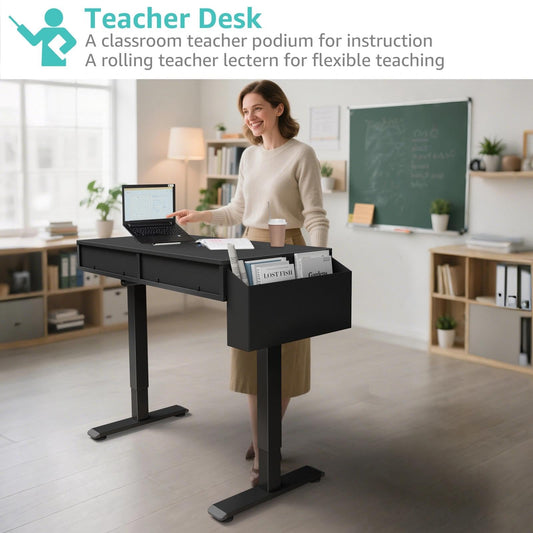 KLUVIS Electric Standing Desk with Drawers - 32 Inch Small Black Height Adjustable Sit Stand Desk with Storage for Home Office Bedroom, Study Writing Compact Stand up Computer Desks for Boys Girl Work