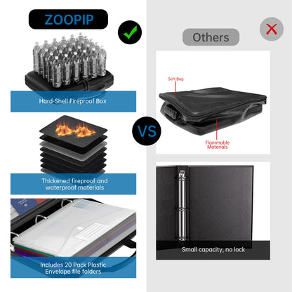 ZOOPIP Binder Folders Organizer with 20 Pack Heavyweight Plastic Pockets,Fireproof File Folder Box with Lock,Zipper Binder Bag for Important Documents,Letter Size