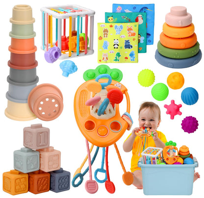 Baby Toys 6 to12 Months, 7 in-1 Montessori Toy for 6-9-12-18 Month Old with Pull String Toy, Sensory Bin Toys, Stacking Baby Blocks & Soft Infant Ring & Sensory Ball, Stacking Cups for Toddler 1-3Gift