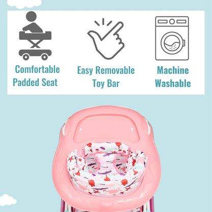 Dream On Me Baby Steps Baby Walker in Pink, Adjustable Three Position Height Setting, Removable Tray, Easy to Fold and Store Baby Walker