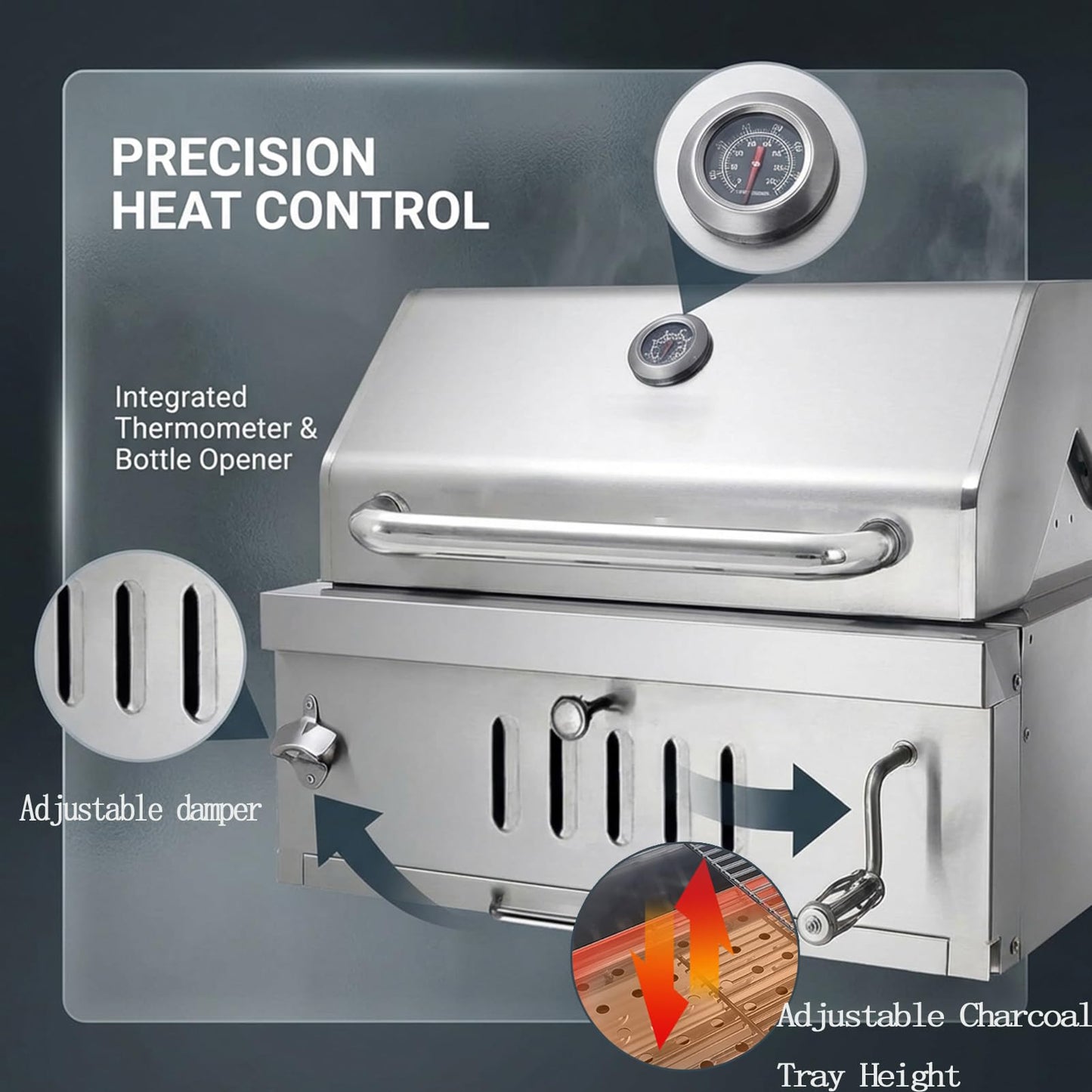 Large Charcoal BBQ Grills, Built in Barbecue Grill with Liftable Tray, Insulated Hood & Temp Gauge, Silver Stainless Steel BBQ Barrel Grill for Outdoor Kitchen Cooking Family Parties Patio Park Style