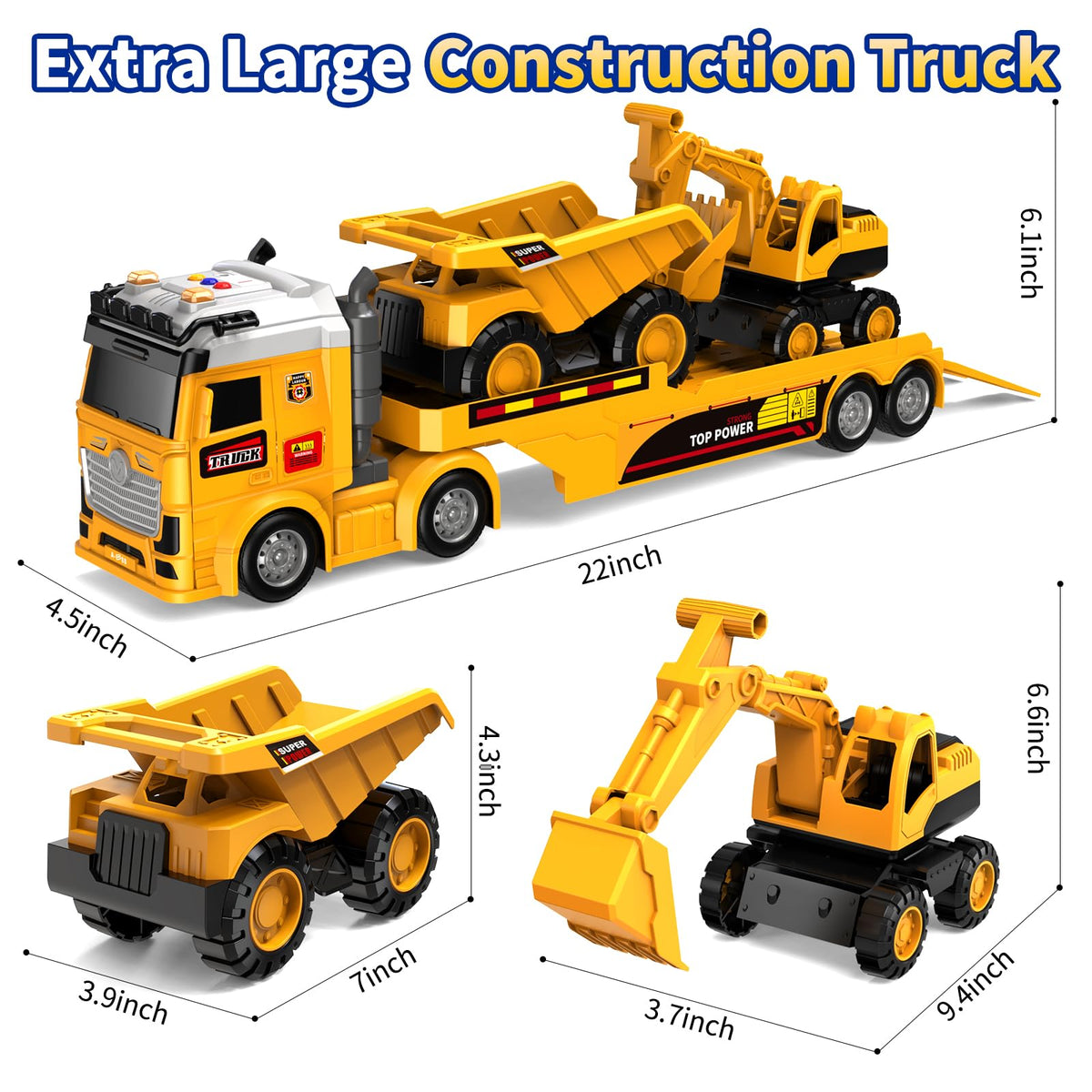 Toddler Boy Toys for Ages 3 4 5 6 7 8 Years Old, 25" Large Construction Carrier Truck Toy Excavator and Dump Truck, Friction Powered Vehicle with Lights & Sounds, Birthday Gift for Boys Girls
