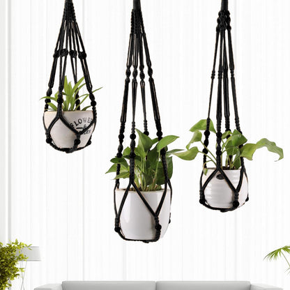 MKO SHUN 3-Pack Macrame Plant Hanger Indoor - Hanging Planter Basket for Indoor Outdoor - Decorative Boho Plant Holders Set with Beads - Ceiling Flower Pot Holder with 6 Hooks - 35"/30"/24" Black
