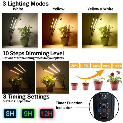 bseah Grow Light Plant Lights for Indoor Plants, Full Spectrum Led Growing Lamp with 3/9/12H Timer, Auto ON & Off, 10 Dimmable Lightness Clip-On Desk