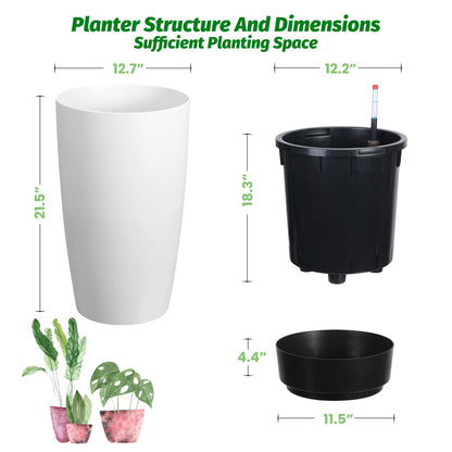 Garvee Tall Planters for Outdoor Plants, 22 in Large Planters Set of 2, Outdoor & Indoor Planters with Water Level Monitor ＆ Inner Bucket, Automatic Watering, for Porch, Patio, Backyard, White