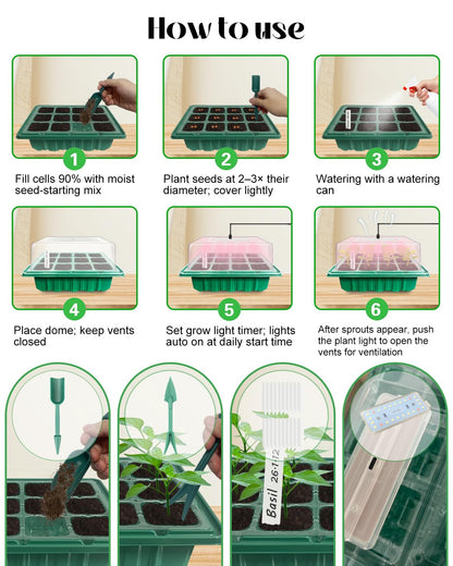 Seed Starter Tray with Grow Light (2x 24-LED), 2 Pack Seed Starter Kit with Humidity Domes and Timing Controller, Adjustable Brightness, Reusable Seedling Starter Tray, Thicken Seed Starting Trays