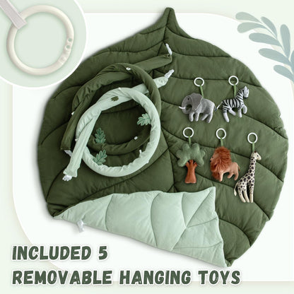 Baby Play Gym with Mat Leaf Shaped, Baby Play Mat with 5 Hanging Toys Tummy Time Mat, Baby Gym Activity Center, Washable (Green)