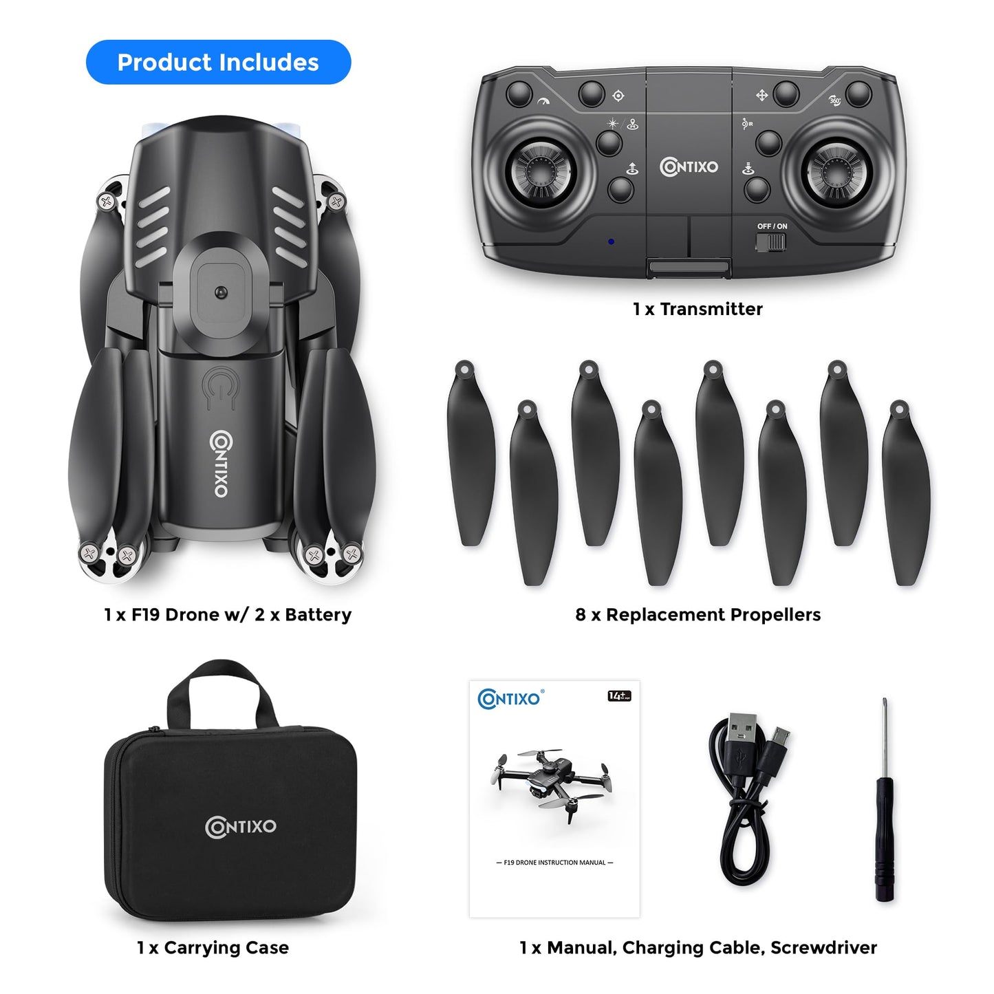 Contixo F19 Drone With 1080p HD FPV Camera, 20 Min Flight 360° Flips Brushless Motor RC Quadcopter With Altitude Hold, Obstacle Avoidance, Follow Me For Novice Beginner's Kids And Adults, 2 Batteries