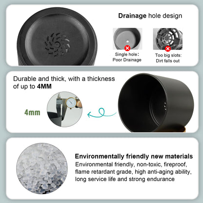 WSMKSZ 5 Pack Cylindrical Flower Pots with 7/6.5/6/5/4 inch, Modern Small Plastic Plant Pots with Drainage Holes & Saucers, Round Planter Pots for Outdoor, Indoor & Office Decor (Black Brown)