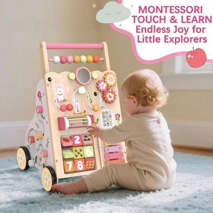 Baby Push Walker, Wooden Baby Walker with Wheels, Montessori Activity Center for 1 2 3 Years Old Boys Girls, Adjustable Speed & Height Push Toy for Toddler Learning to Walk, Kids Development Gift