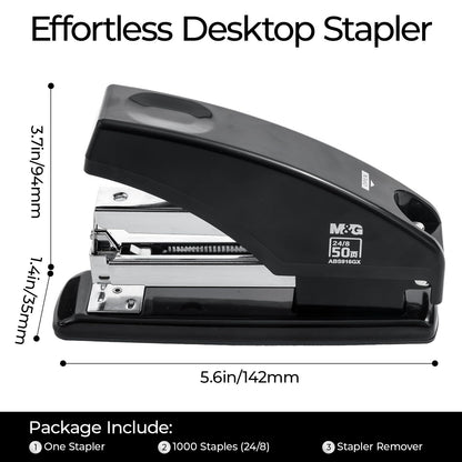 M&G Effortless Stapler for Desk, 50 Sheet Capacity, Heavy Duty Desktop Stapler with 1000 Staples & Staple Remover, One Finger Touch, Good for Office Home School, Black