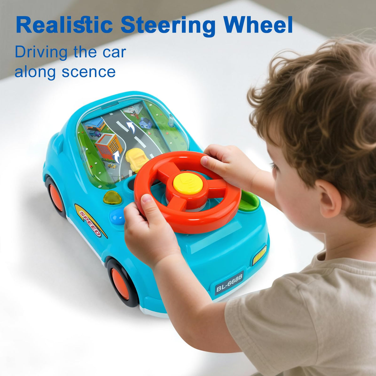 DELUTIQUE Toys for 1 + Year Old Boy,Toddler Racing Car Steering Wheel Toy with Sound & Light,Car Toys for Toddlers 1-3,Gift for 1 2 3 Years Old Boys Girls (Blue)