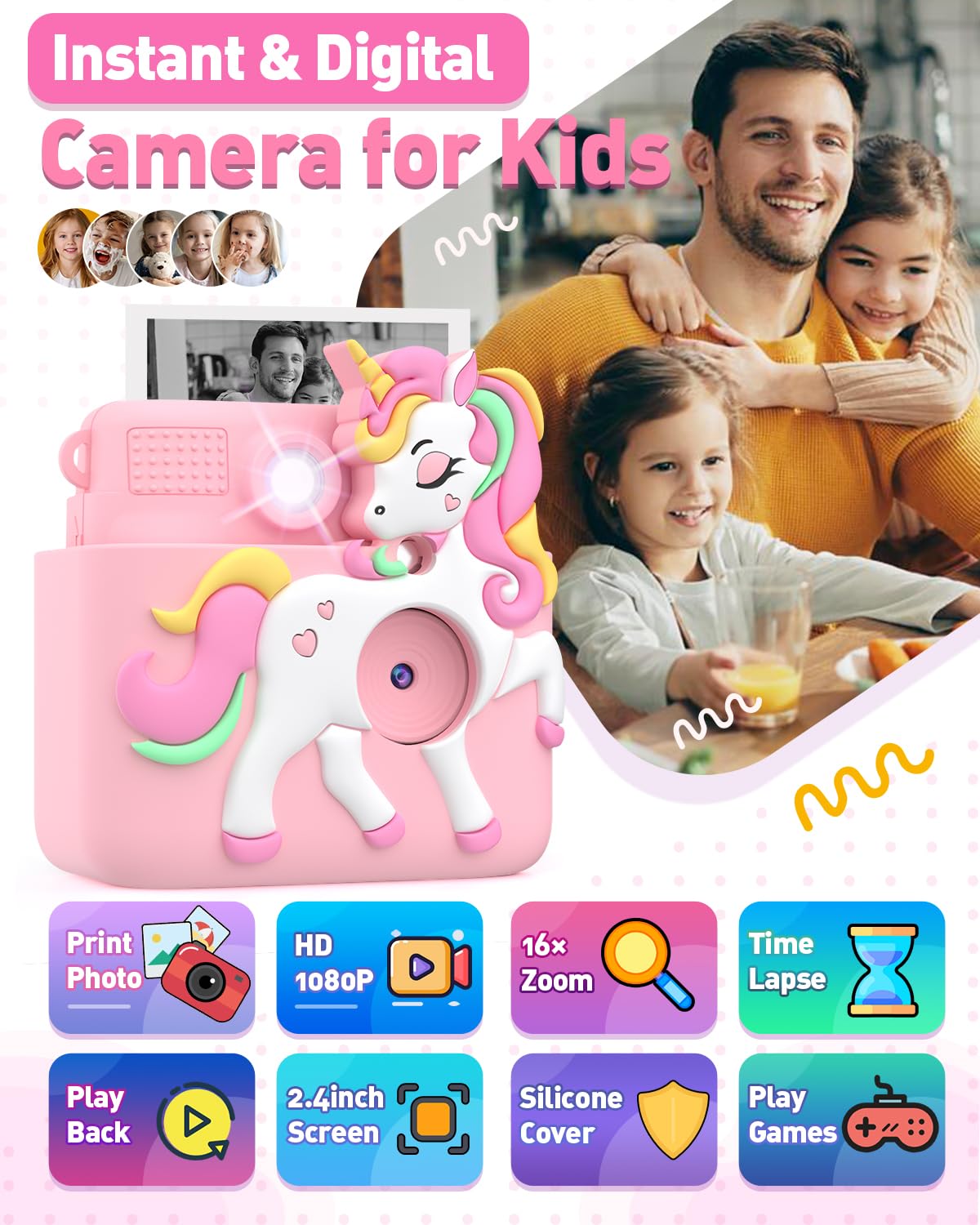 Kids Camera Instant Print with Silicone Cover, Creative Gifts for Girls Age 4-12 Birthday Christmas, 1080P Digital Camera Toy with Memory Card - Pink