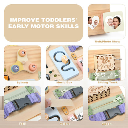 Joyreal Wooden Busy Board Montessori Toys for Toddlers, Sensory Activity Board with LED Lights, Music Box & Locks, Educational Learning Toy Gifts for Boys and Girls